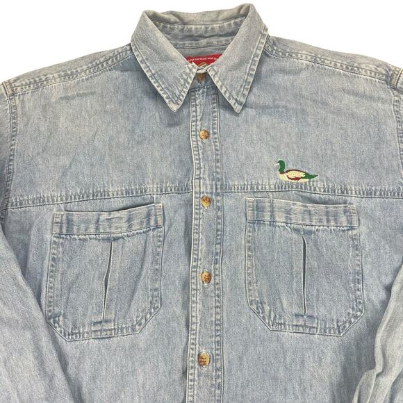 VTG Marlboro Denim Shirt Men Sz M Duck Embroidered Pockets Faded Cowboy Outdoor - Picture 2 of 13